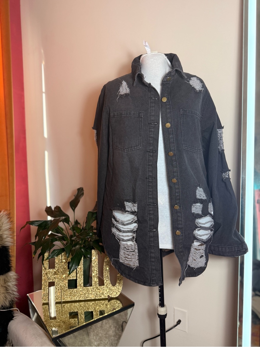Distressed Black Denim Shacket - Picture 2 of 5